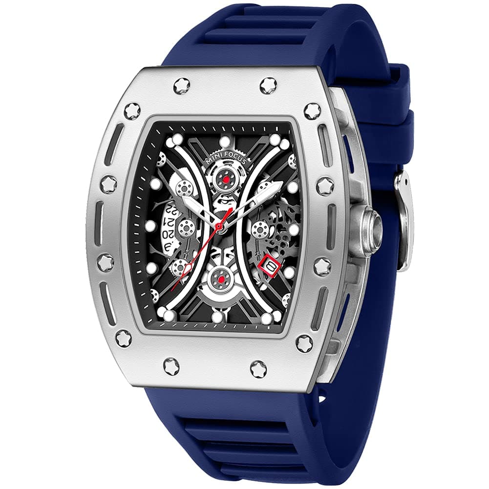 MF MINI FOCUS Watch for Men Wristwatch Fashion Hollow Big Dial Luminous Waterproof Sport Analog Quartz Business Mens Watches Blue Silicon Strap Dress Watch