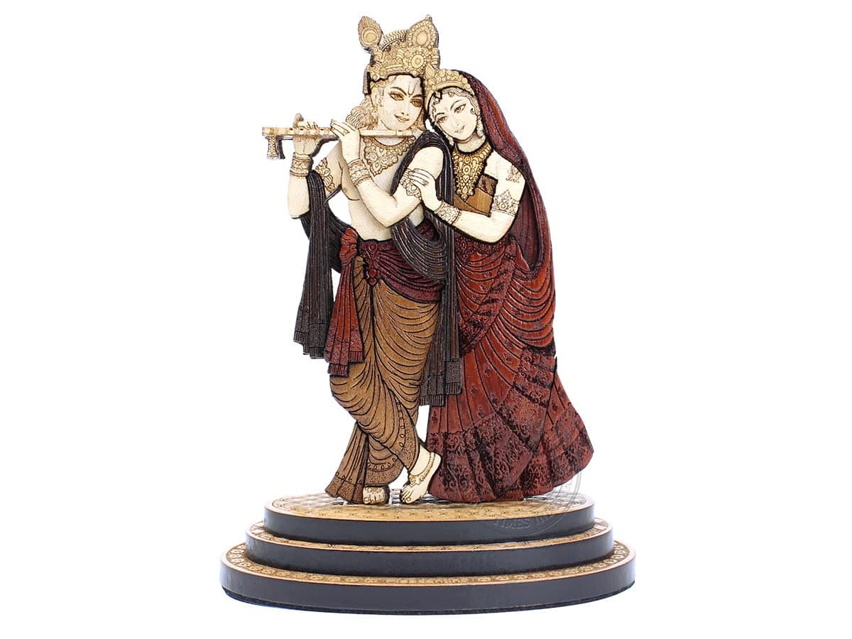 4 Inch Radha Krishna Wood Carved Statue in Exotic Hard Woods - Multi Layered Hand Made Wooden Radha Krishna Idol for Car Dashboard, Home, Office, and Travel