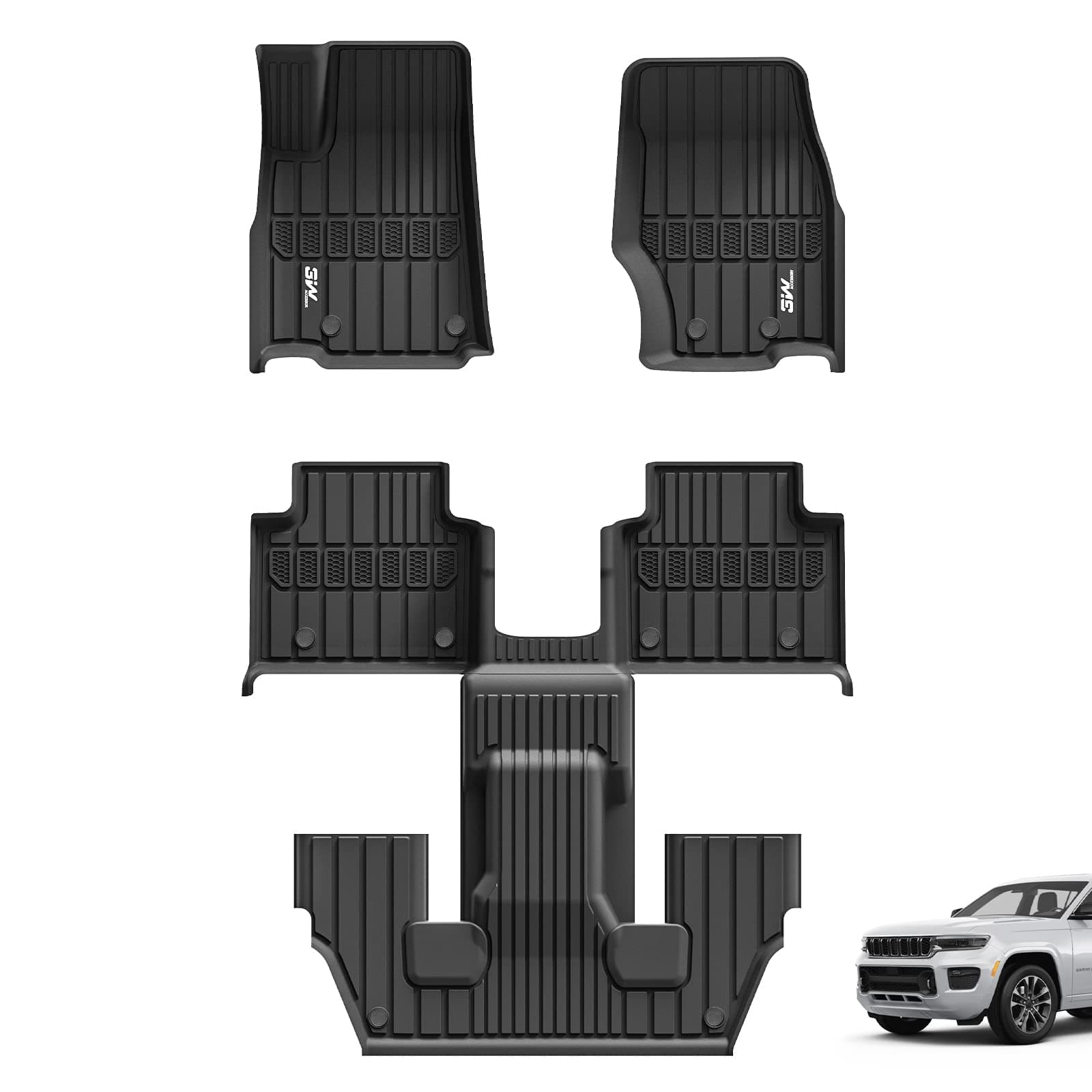 3W Floor Mats Fit for Jeep Grand Cherokee L 2021-2025 2026, TPE All Weather Custom Fit Floor Liner for 1-3 Rows Full Set Car Mats Black (Only for 6 Seater Without Center Console)