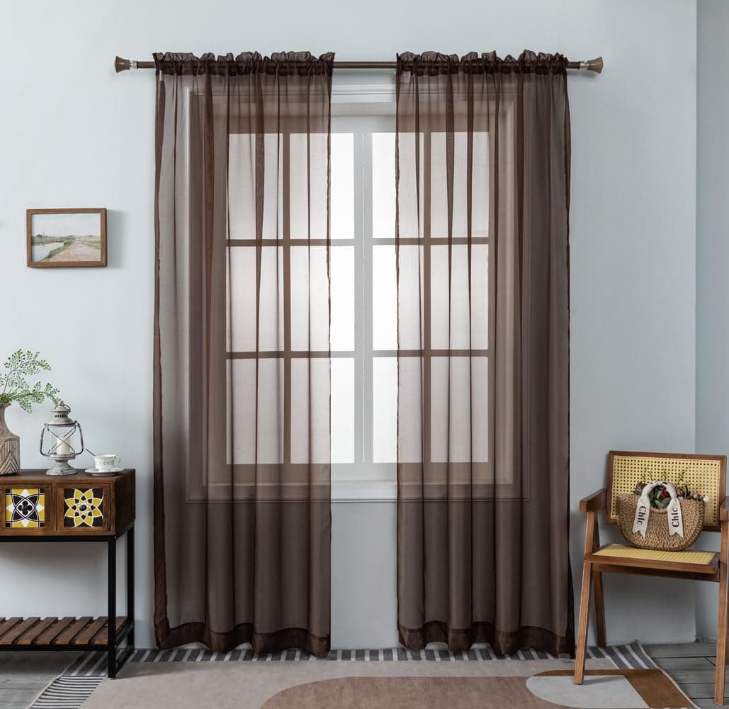 WPM Coffee Brown Sheer Curtains 58" Wide x 84" Long 2 Panels Livingroom Window Treatment Rod Pocket Sheer Voile for Bedroom, Kitchen, Childrens Room Fully Stitched and Hemmed