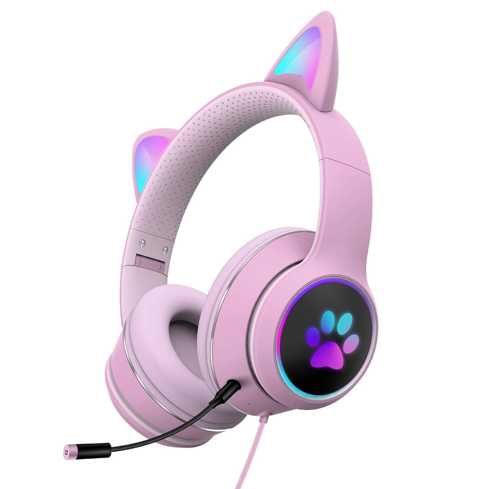 HONUTIGE Gaming Headset Cat Ear Headphone with RGB LED Light Microphone Stereo Sound Glowing Over-Ear Gaming Headsets for Kids and Adult