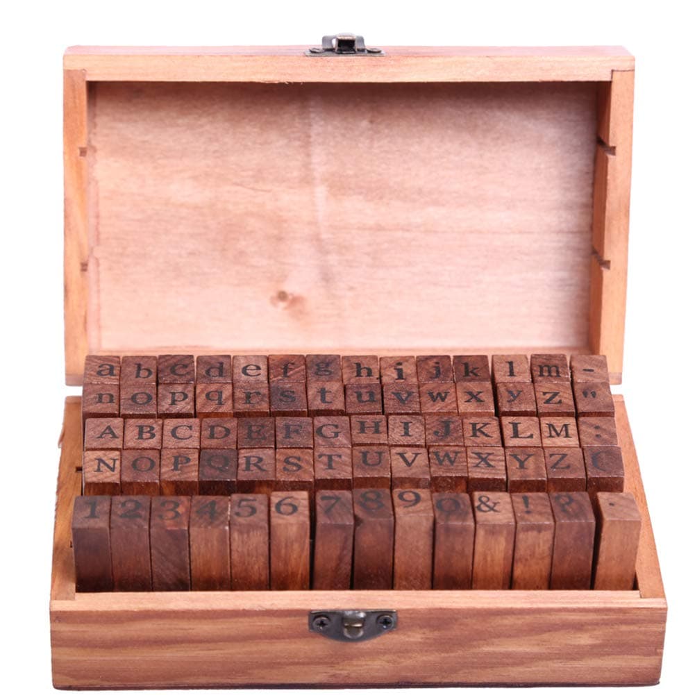 70 Pcs Classic Vintage Retro Wooden DIY Number and Alphabet Letter Seal with Wooden Box Standardized Form Stamps Regular Script Letters
