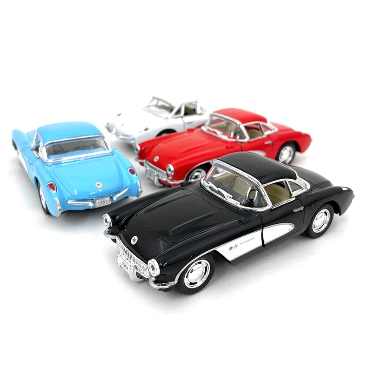 Set of 4: 5 1957 Chevy Corvette 1:34 Scale (Black/Blue/Red/White)
