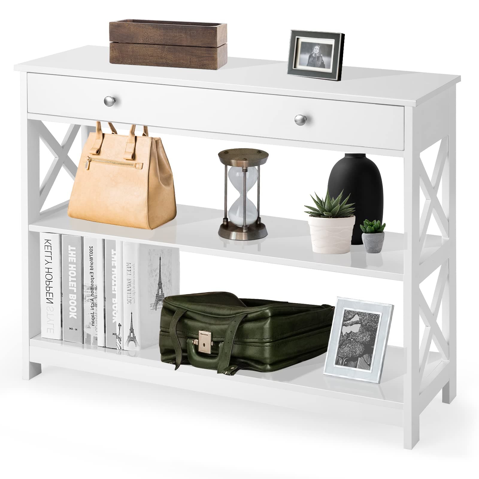 CASART 3-Tier Console Table, X-Design Wooden Side End Table with a Drawer & Shelves, Narrow Sofa Table Hall Desk for Living Room Bedroom Entryway (White)