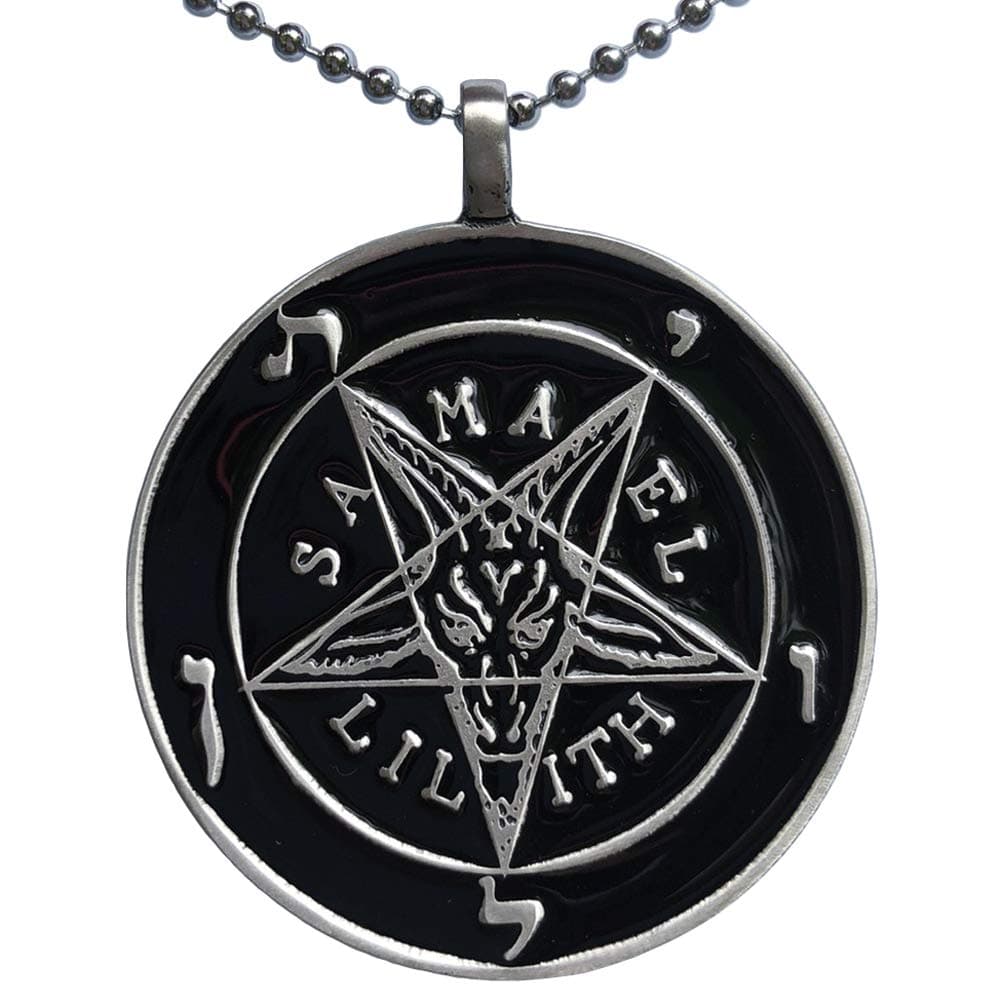 Samael Lilith Inverted Pentagram Pentacle Star Baphomet LaVeyan Devil Satanic Church of Satan Pagan Pewter Men's Pendant Necklace for men Charm Protection Amulet Medallion Talisman Silver Ball Chain