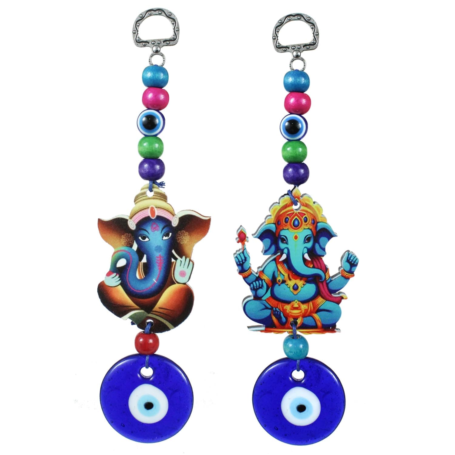 Tied Ribbons Set of 2 Feng Shui Blue Evil Eye Ganesha Pendant Ornament Amulet for Home Entrance Wall Door Car Dashboard Hanging Turkish Nazar Battu Good Luck and Prosperity Gift (18 Cm) - Metal