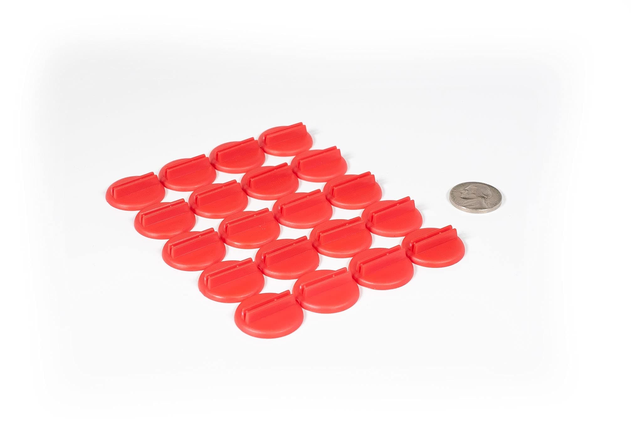 Plastic Card Stand (Red) to Hold up Playing Cards or Cardboard Marker Cut-outs: Set of 20 Red Color Round Board Game Playing Pieces (School Classroom Supplies, Arts & Crafts Projects, Teaching & Education Toy Resource Components, Extra Instructional Play Materials)
