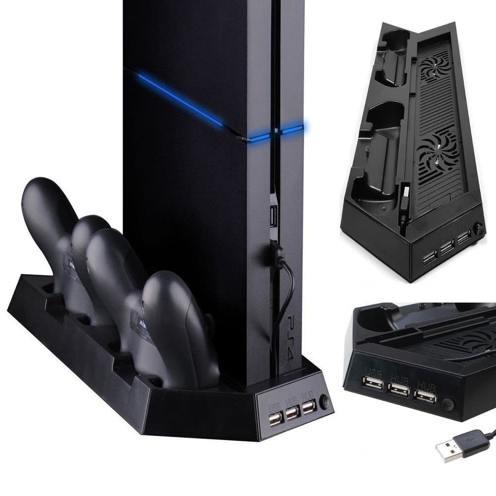 Tekdeals PS4 Vertical Stand with Cooling Fan Charger, Multifunctional PlayStation 4 Console Cooler Dualshock 4 Controllers Charging Station with Dual Charger Ports and USB HUB