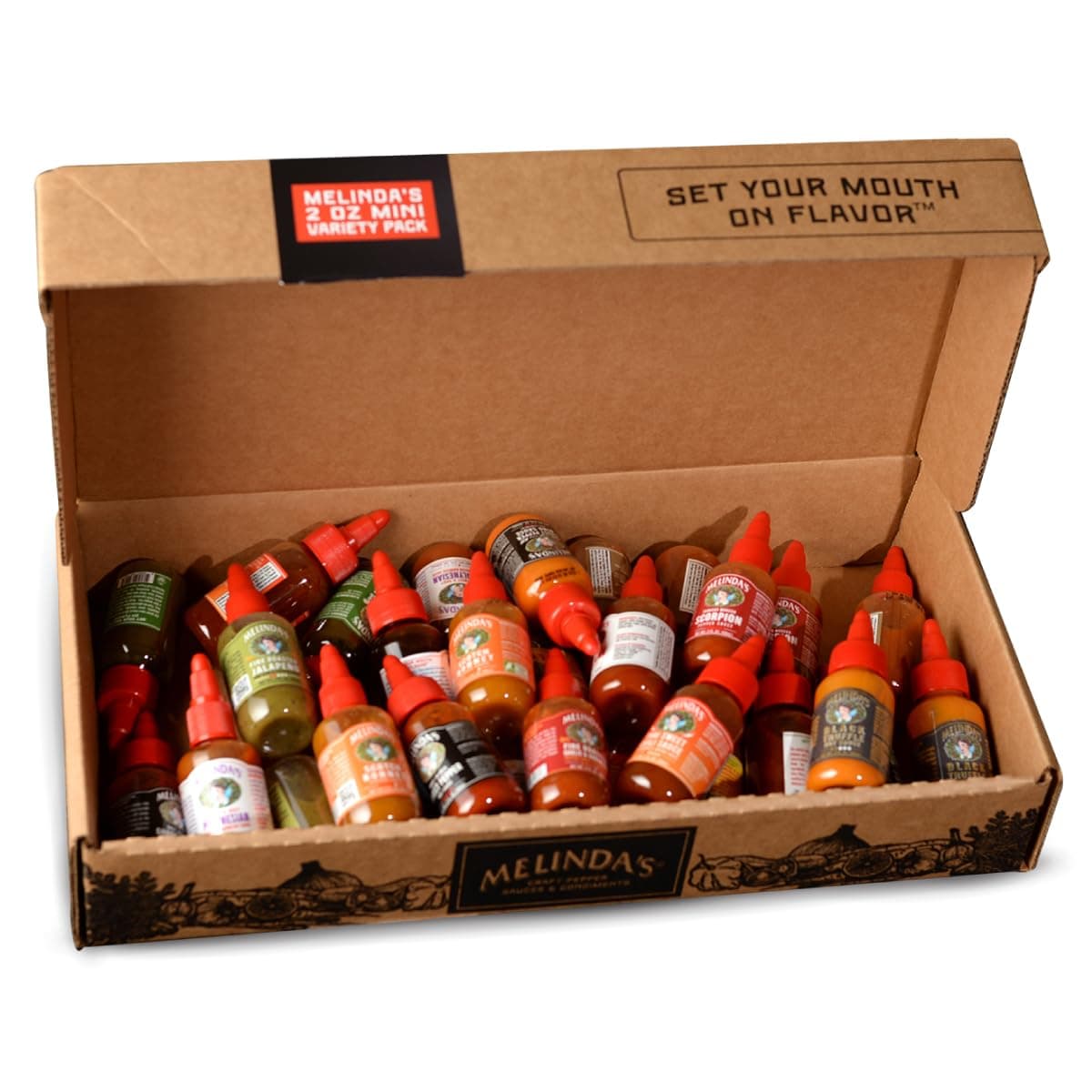 Melinda’s Mini Hot Sauce Variety Pack - 30 Pack (2 Oz Each) - Gourmet Hot Sauce Gift Set with Travel Friendly Mini Bottles in 10+ Possible Flavors