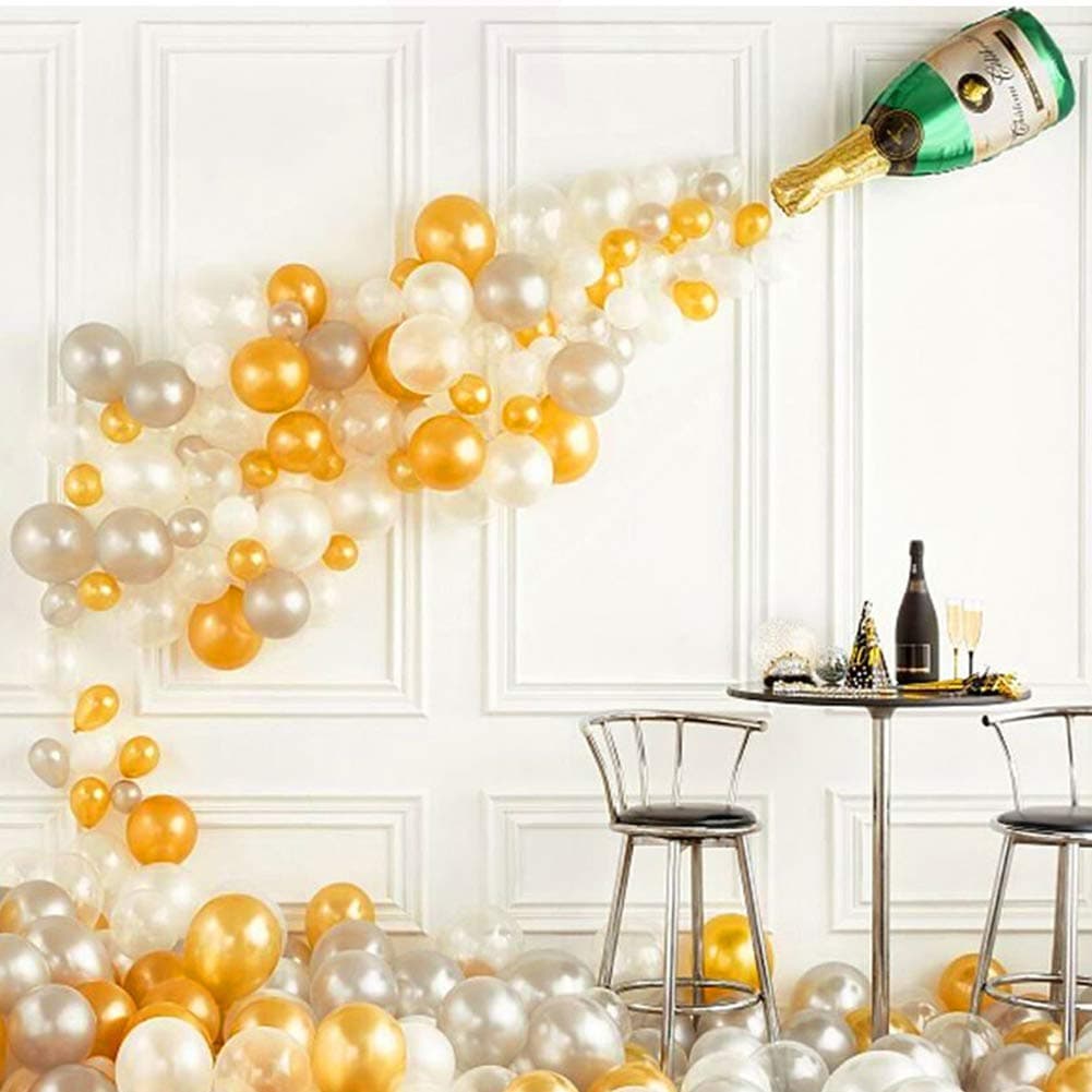 Danolt 91 Pcs Large Aluminum Foil Champagne Bottle with Golden Sliver White Balloons Set for Birthday Wedding Carnival Party Halloween Christmas Decoration.