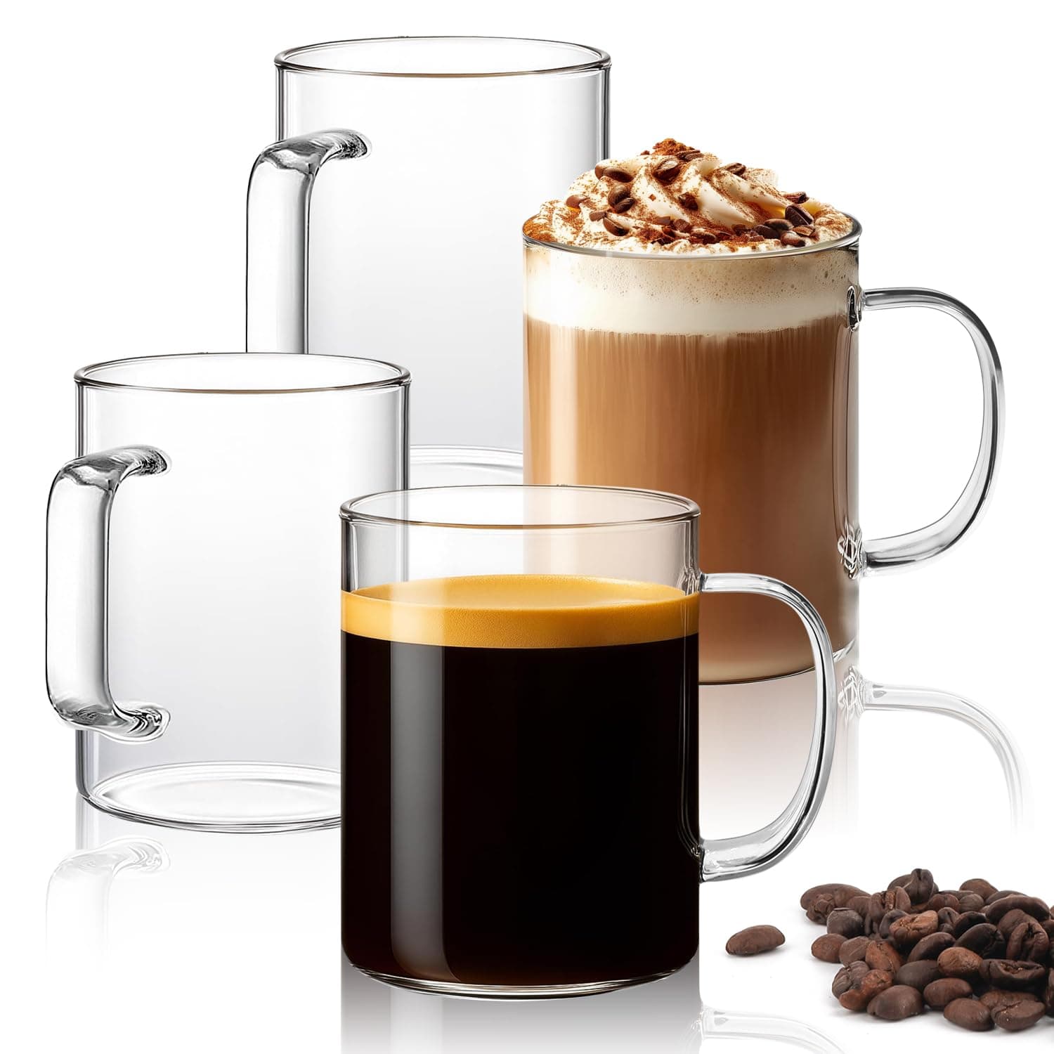 ComSaf 400ml Glass Coffee Mugs Set of 4, Clear Glass Coffee Cup with Big Handle, Large Borosilicate Glass Mug for Tea Milk or Hot Cold Beverages, Crystal Drinking Glass for Birthday