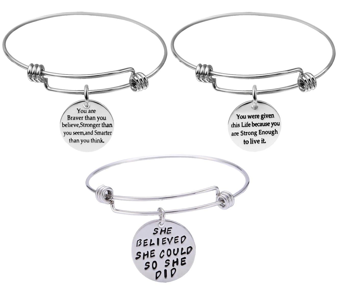 AleapDoll 3-Pack Inspirational Bangles Bracelets Gifts Set for Women Girls Stainless Steel Motivational Engraved Message Words Bracelets Adjustable