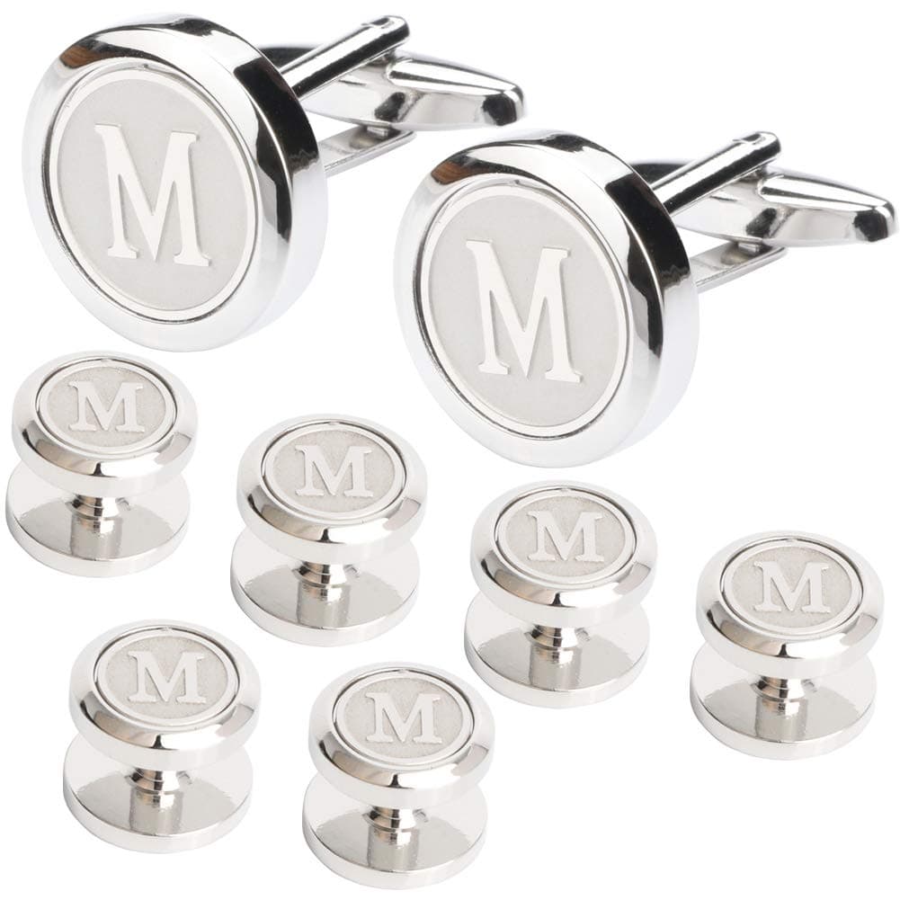 Men's Cufflinks and Studs Tuxedo Shirts Business Wedding Initials Alphabet A-Z Gift Set