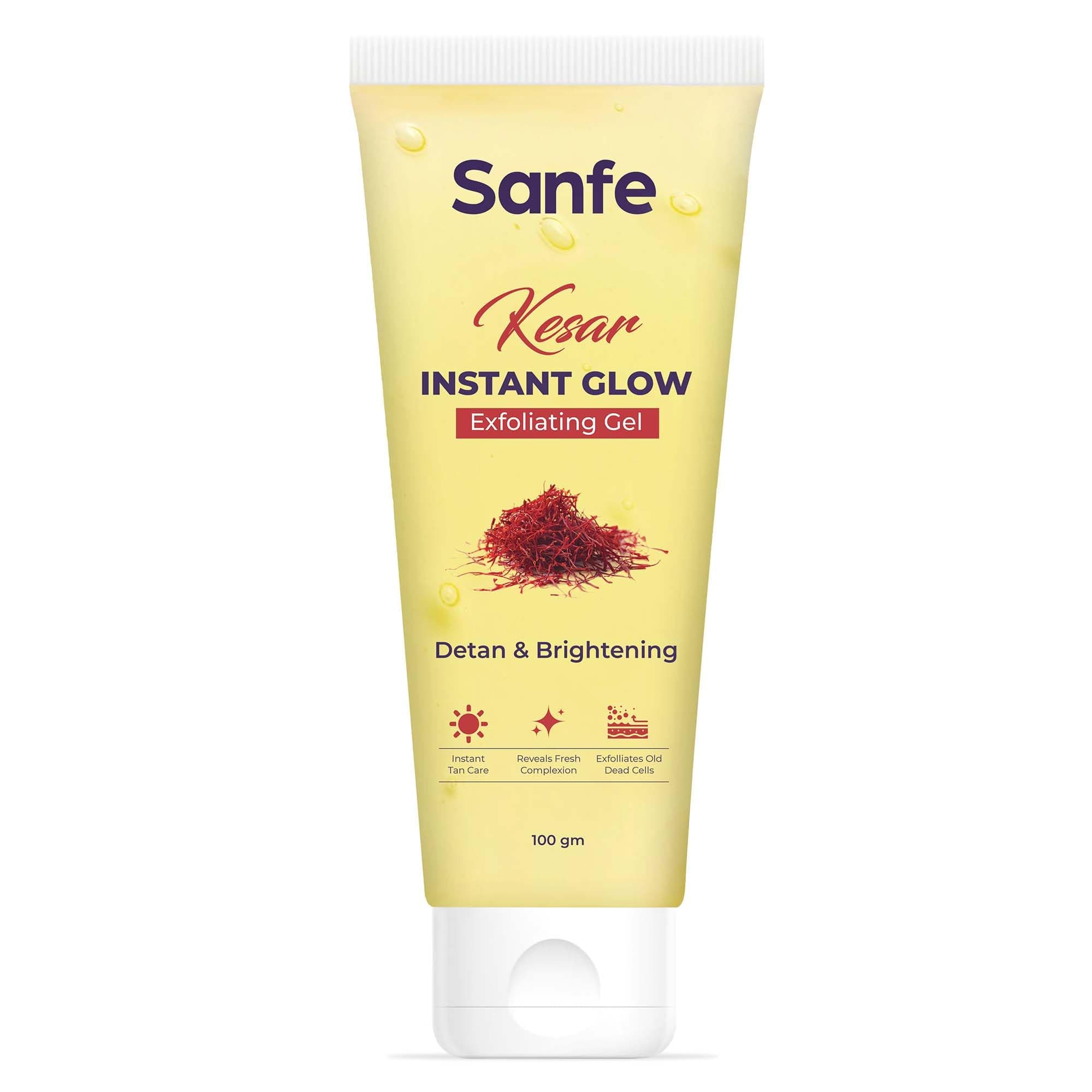Sanfe Kesar Instant Glow Exfoliating Gel | Visibly removes tan & brighten skin | AHA Exfoliation in Minutes | Smooth & Bright Skin | 100g