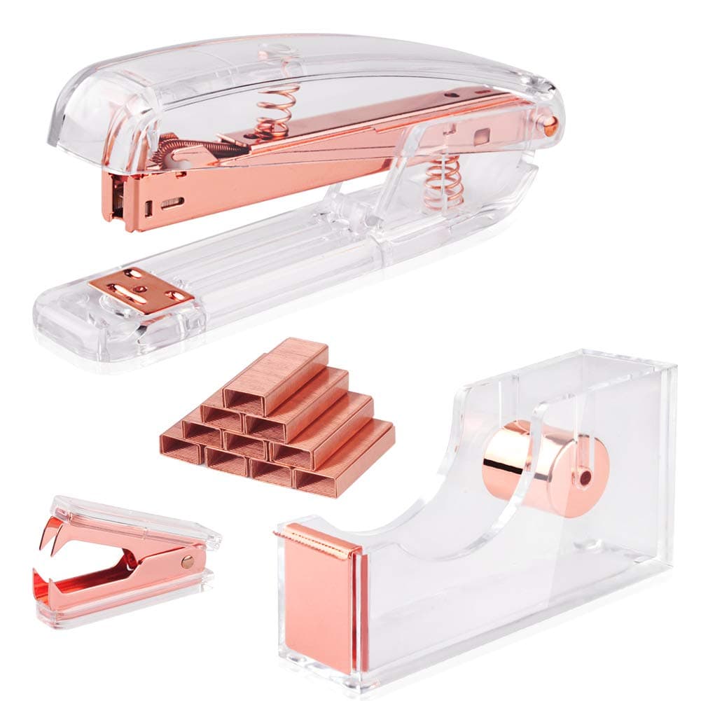 Rose Gold Acrylic Stapler Set Desk Accessory & Decoration Kit for Desk, Stapler and Staple Remover, Tape Dispenser, with 1000 Pcs Rose Gold Staples,Rose Gold Stapler Bundle Office Supplies Set