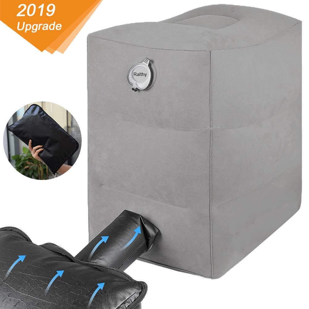 Ralthy Inflatable Foot Rest Pillow, Travel Rest Pillow with Air Pump, Adjustable Height Kids Airplane Bed Portable Cushion for Airplane, Cars, Buses, Trains, Office (Gray)