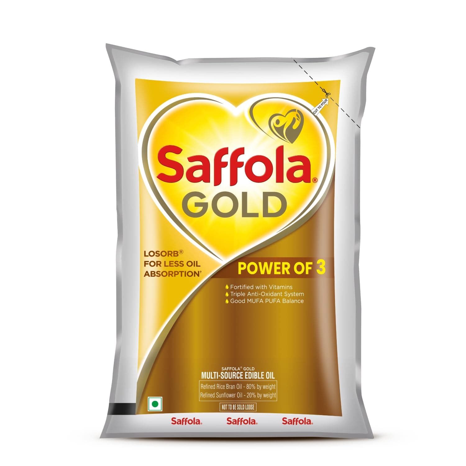 Saffola Gold Refined Cooking oil | Power of 3 - Balance of Good Fats, Triple Anti-Oxidant System & Fortified with Vitamins | Multi-Source Edible Rice Bran & Sunflower Oil | 1 Litre Pouch