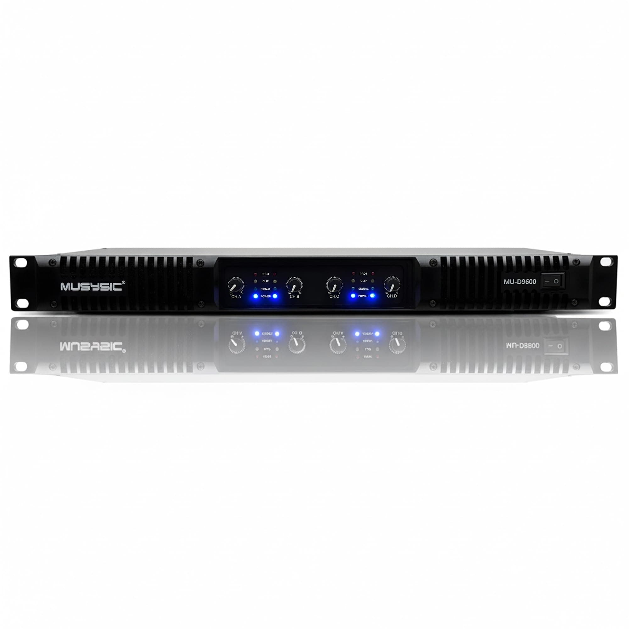 Professional 4-Channel Amplifier – 2x9600 Watts D-Class 1U Power Amp MU-D9600 High Performance Amplifier with Stereo & Bridge Power for Professional Use in Concerts & Functions and at Home