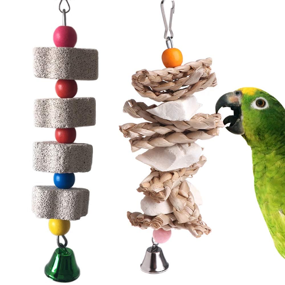 PIVBY Parrot Toys Chewing Bird Toy Cuttlebone Beak Grinding Stone Cage Hanging Toys with Bell for African Greys Amazon Conure Eclectus Budgies Parakeet Cockatiel Hamster Chinchilla Rabbit, 2 Pack