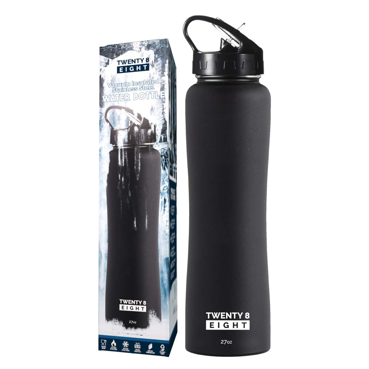 Vacuum Insulated Water Bottle - Stainless Steel Flask With BPA Free Straw Lid - Wide Mouth Thermos Keeps Drinks Cold For 24hrs And Hot For 12hrs (Matte Black - 27oz)