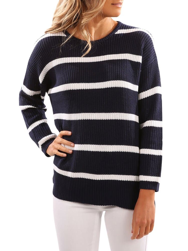 SUNMMWERY Women Striped Long Sleeve Round Neck Pullover Sweater Jumper