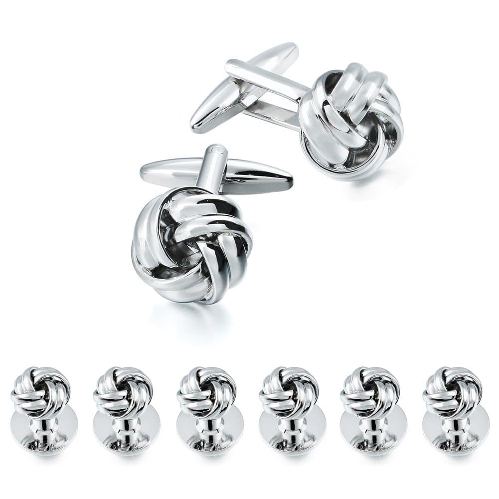HAWSON Knot Cufflinks and Shirt Studs for Men in Gold or Silver Tone, Matching with White and Black Tuxedo, Suitable for Wedding Day or Formal Occasion.