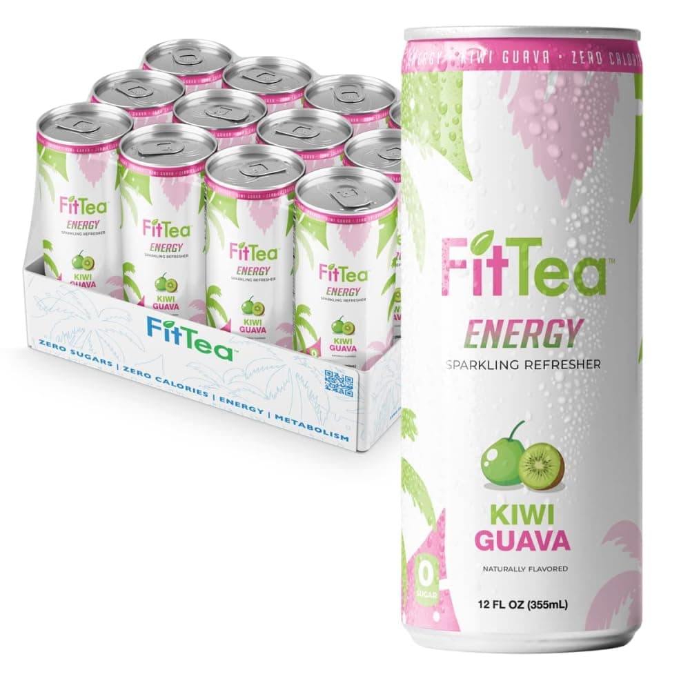 FitTea Healthy Energy Drink 12 Fl Oz - Kiwi Guava Pre Workout Sparkling Refresher (12 Pack) Natural Energy Drinks Sugar Free