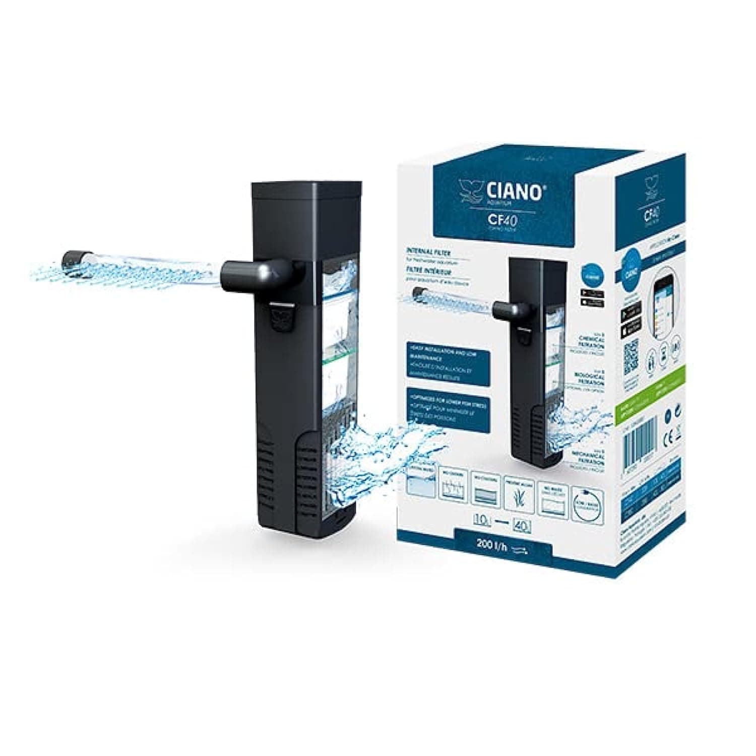 Ciano CF40 Aquarium Internal Filter - Flow of 200L/h. Suitable for aquariums between 10-40L.