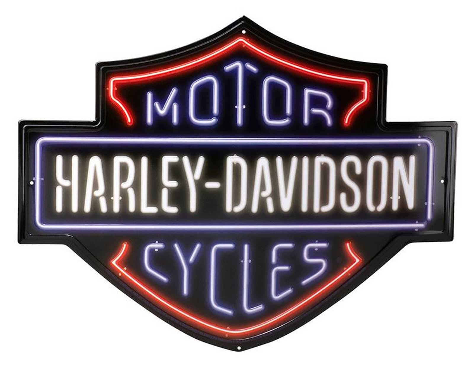 Harley-Davidson Embossed Tin Sign, Neon Lights Bar & Shield Logo, 19.75 x 15 Inches