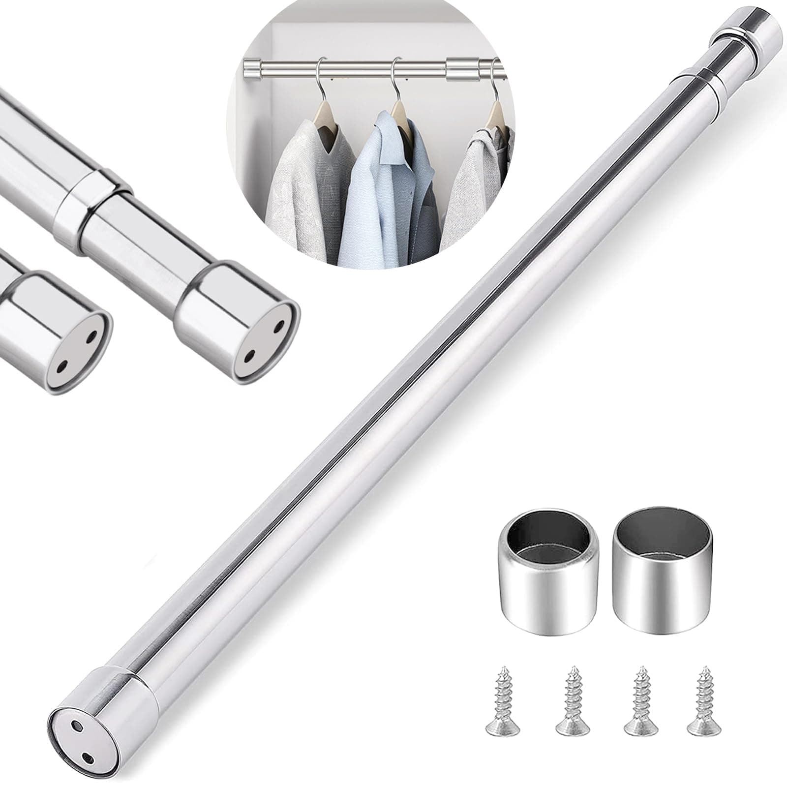 Vivo Technologies Stainless Steel Wardrobe Rail Extendable Adjustable Clothes Rail Pole with End Sockets Heavy Duty Wardrobe Rod Clothing Hanging Tube 56-100cm