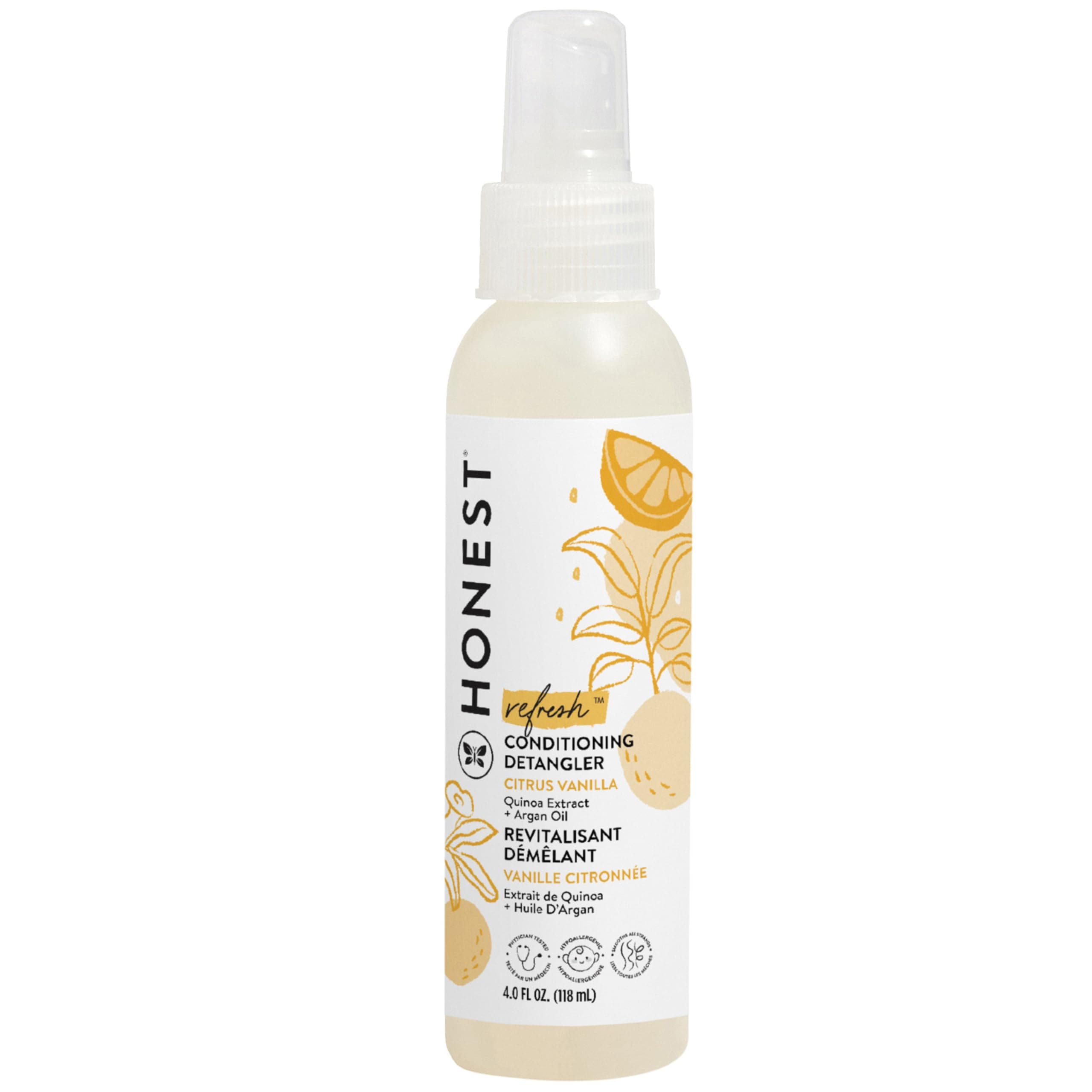 The Honest Company Conditioning Hair Detangler, Tear-Free, Hypoallergenic, Leave-In Conditioner and Fortifying Spray, Citrus Vanilla Refresh, 4 fl oz
