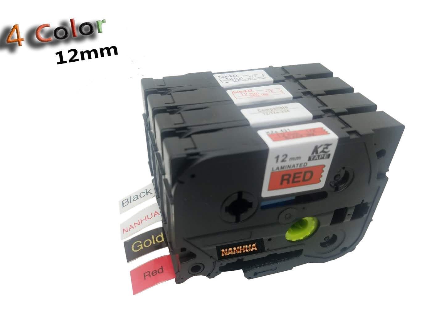 NANHUA 4 Pack Color Laminate Label Tapes Tze-231 Tze-431 Tze-232 Tze-834 Label Maker 12mm x 8m(Red Black Gold White) Compatible for Brother P-Touch