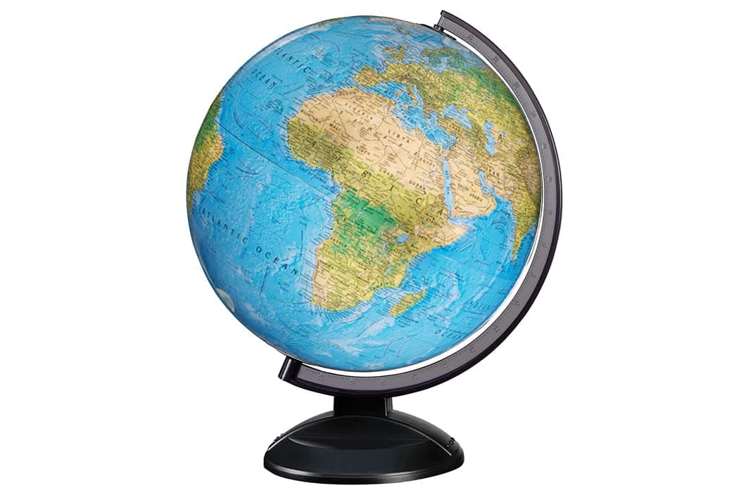 Replogle Ready to Assemble World 12" Diameter Globe, USA Cartography, Modern Acrylic Stand and Blue Ocean. Easy to assemble globe that shows Political borders and provincial borders, major ocean currents, detailed lakes, rivers, tributaries and canals.