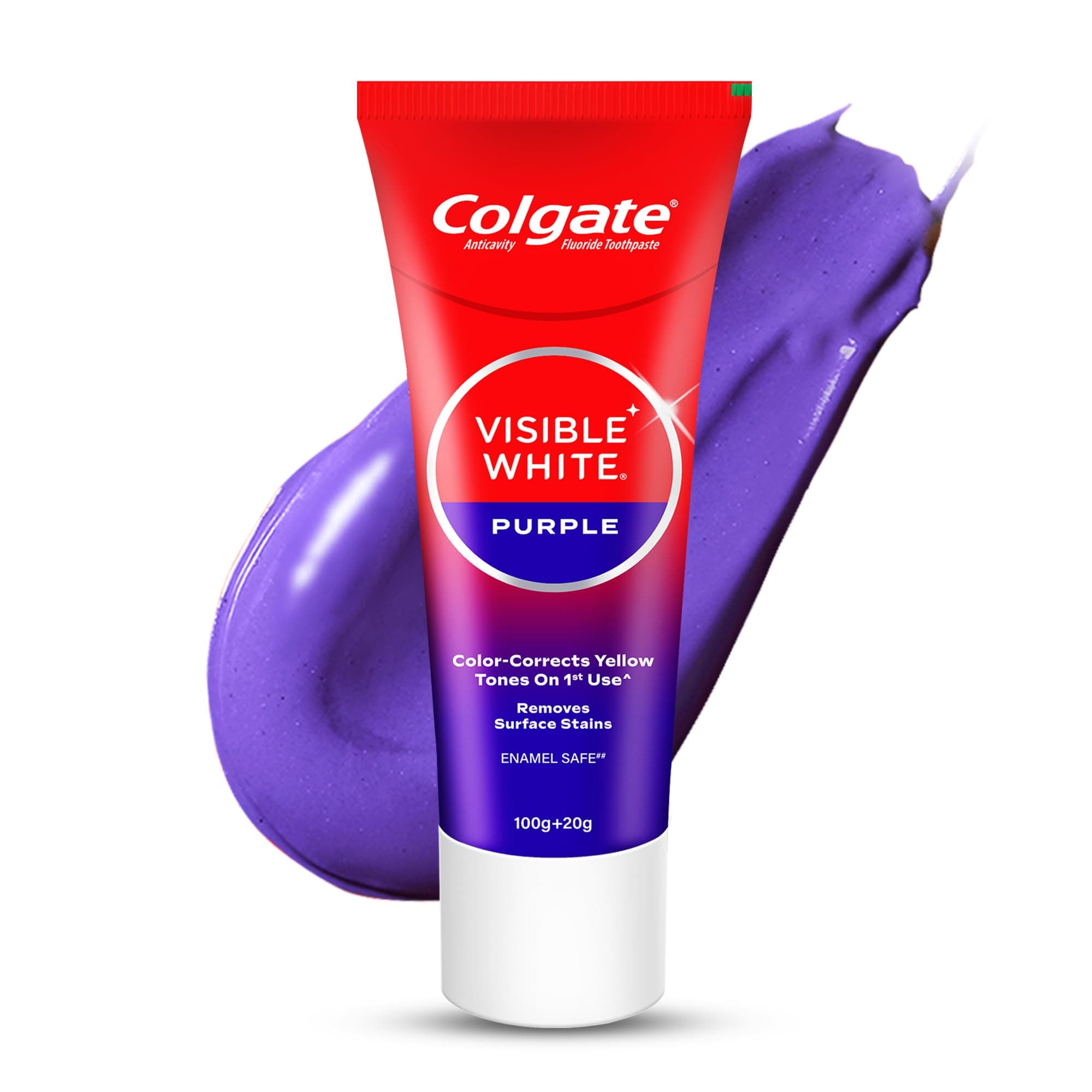Colgate Visible White Purple Toothpaste for Whitening, Enamel-Safe Daily Use Paste (100g+20g/ 3.5oz+0.7oz)