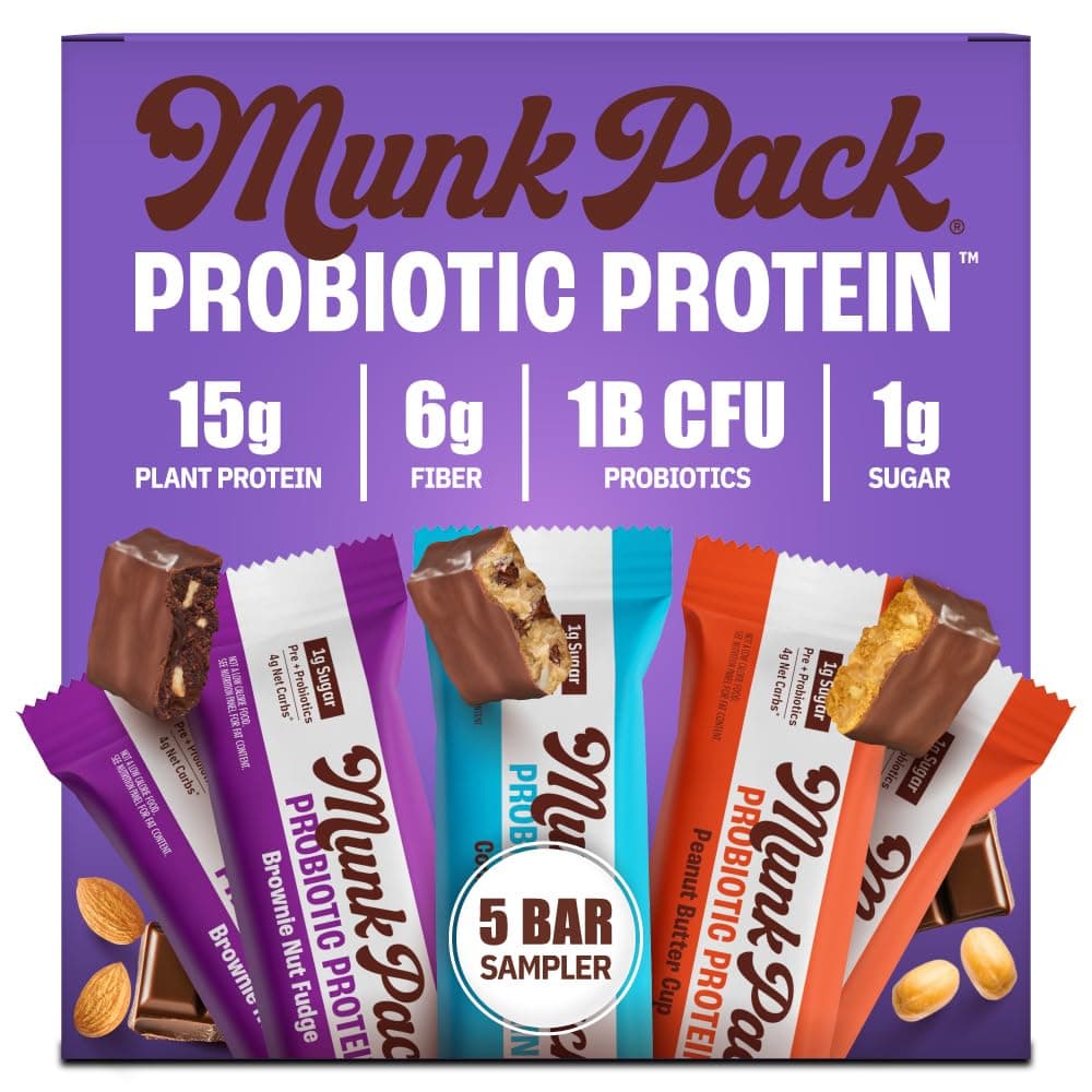Munk Pack Sampler Pack Probiotic Protein Bars | Keto-Friendly 15g Plant Protein, 1g Sugar, 4g Net Carbs - Vegan, Low Carb, Gluten-Free Healthy Snacks | 5 Count