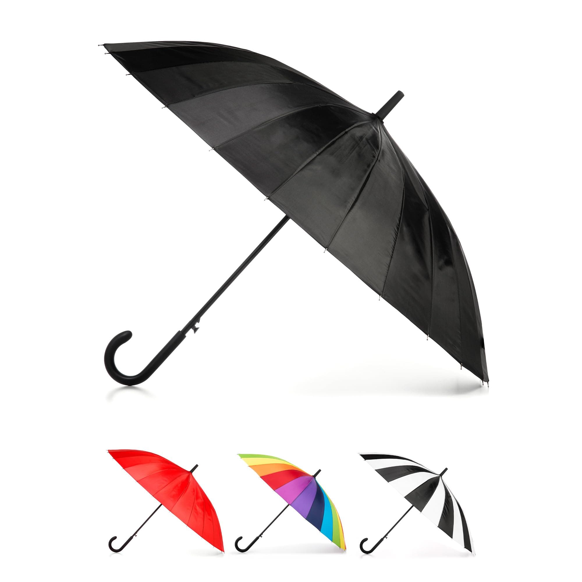 Large Eco Auto-Open 24 Rib Stick Umbrella with a Classic J Hook Curved Handle and water repellant