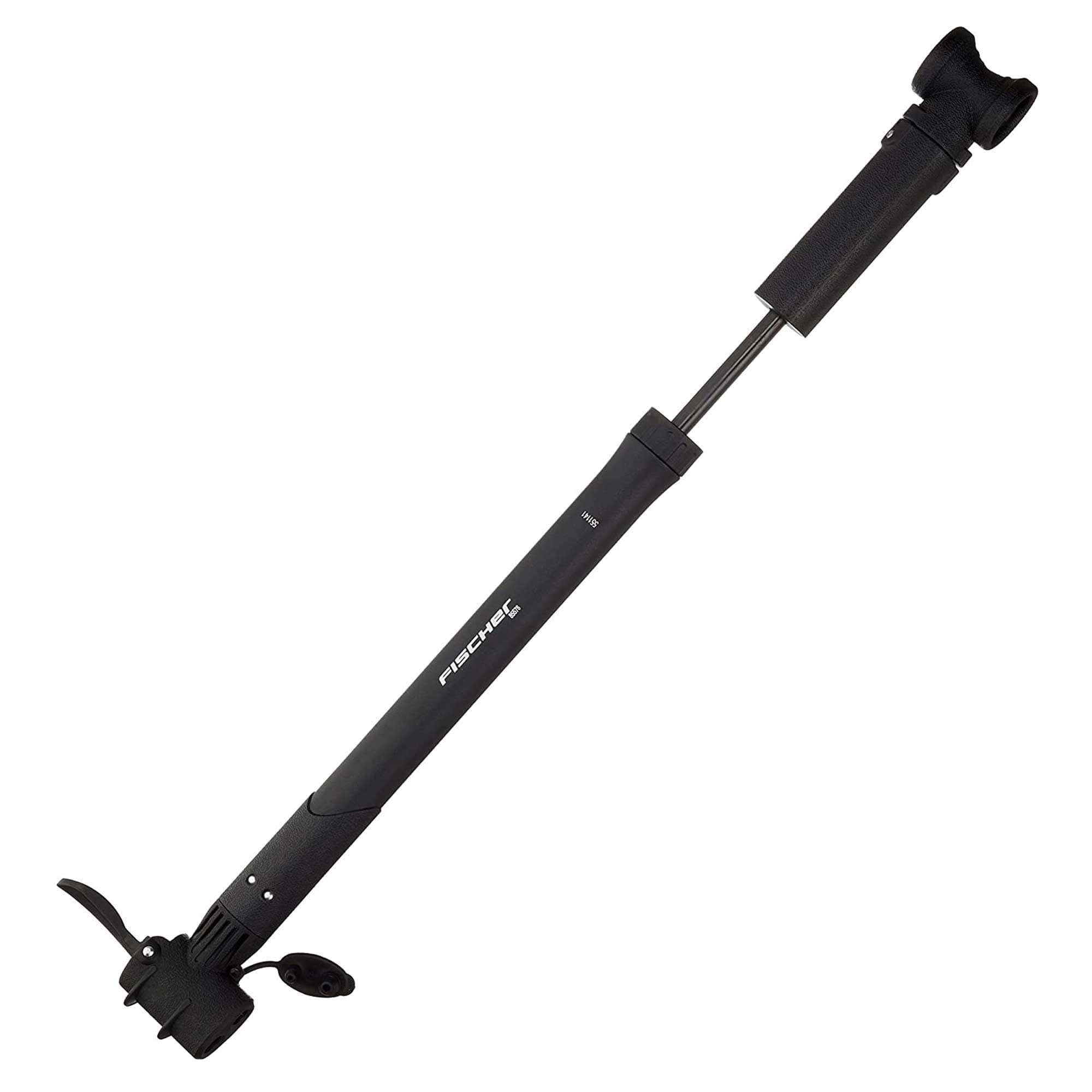 FISCHER Bicycle Air Pump for Frame Mounting, with Dual Head for All Valves (AV, DV, SV), Black, Clamp Width Adjustable