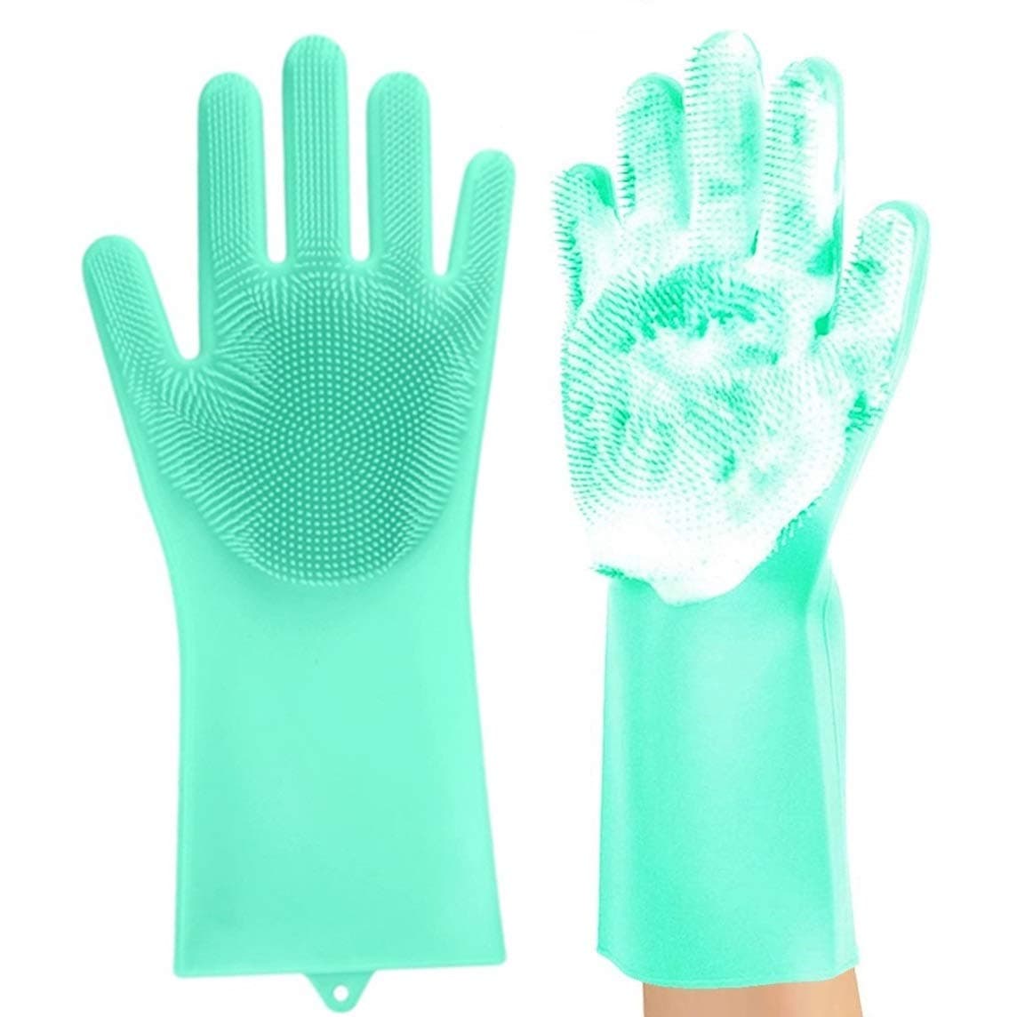 Reusable Magic Dishwashing Gloves, Silicone Scrubber Gloves for Dishes, Wash Cleaning Gloves with Sponge Scrubbers for Washing Kitchen, Bathroom, Car and More (Green)