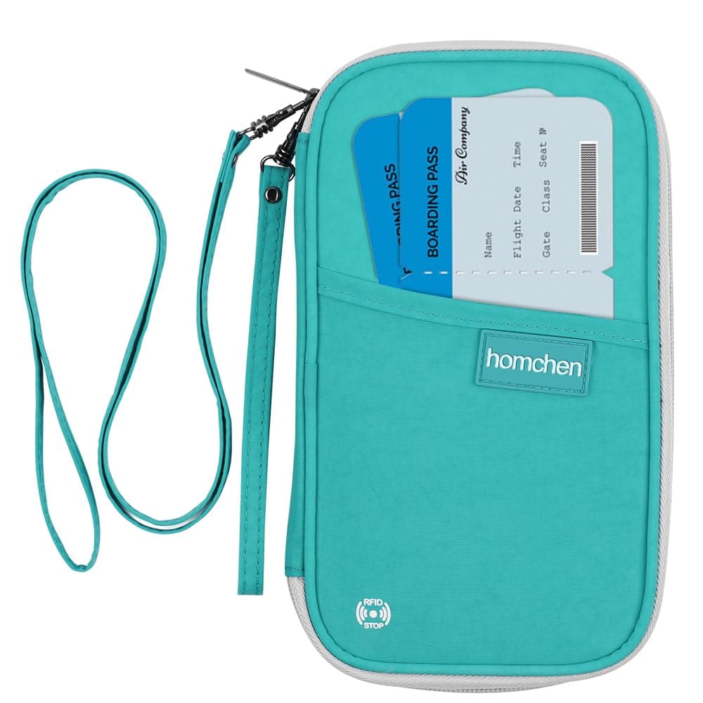 RFID Passport Wallet with Vaccine Card Slot, Family Travel Passport Holder Document Organizer Bag with Wrist & Neck Double Strap