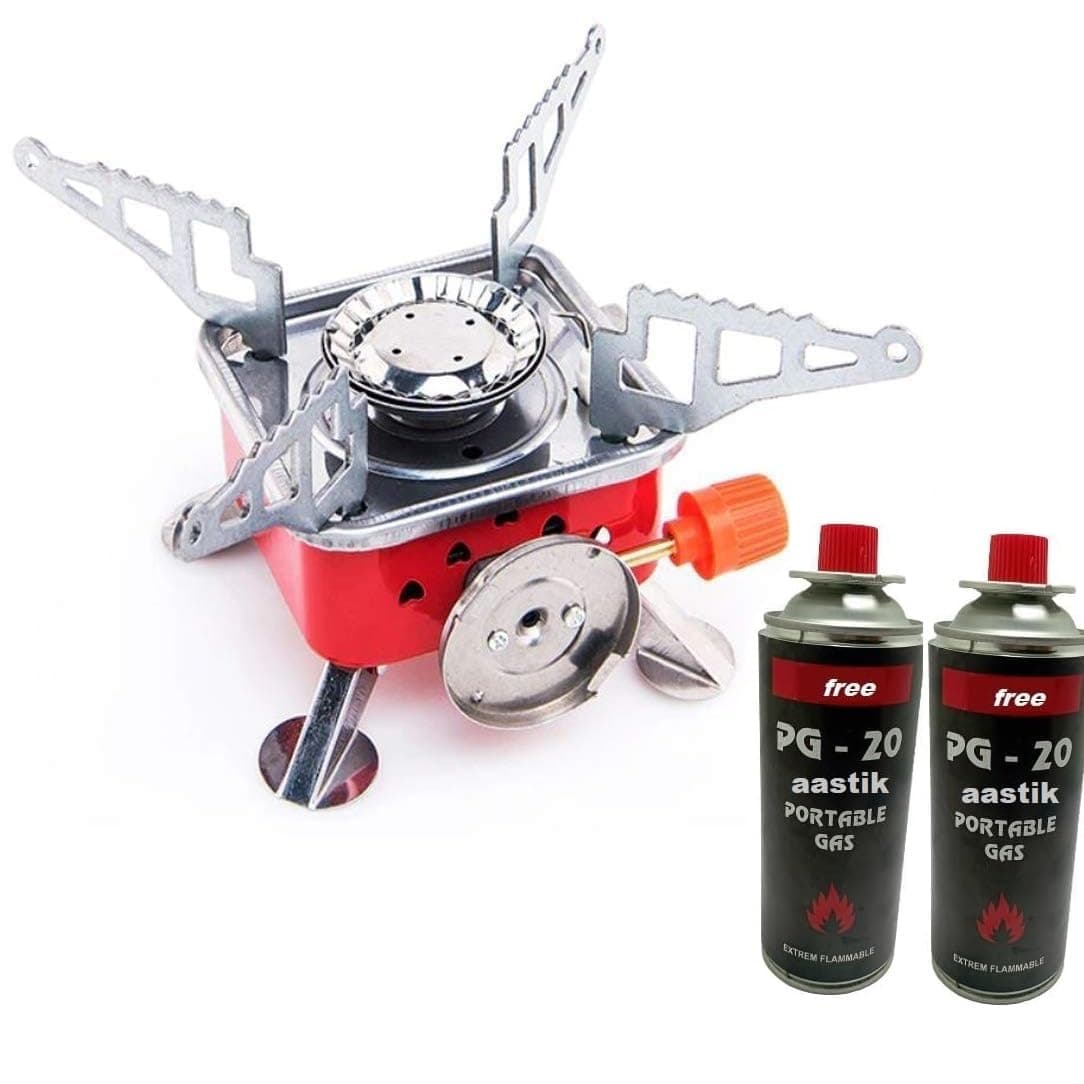 Portable Gas Stove Square-Shaped Gas Butane Burner Camping Stove Folding Furnace Stove travelling Stainless Steel Cooking Stove with Storage Bag (gas stove+1 Refill)