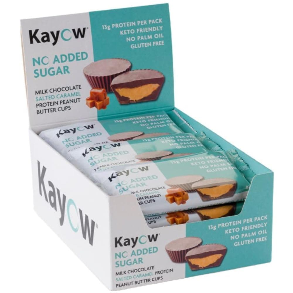 KAYOW No Added Sugar Milk Chocolate Salted Caramel Peanut Butter Cups 12 x Packs of 2 x 22g High Protein Cups | 13g Protein Per Pack | No Added Sugar | Gluten Free | Low Carb Keto Snacks |