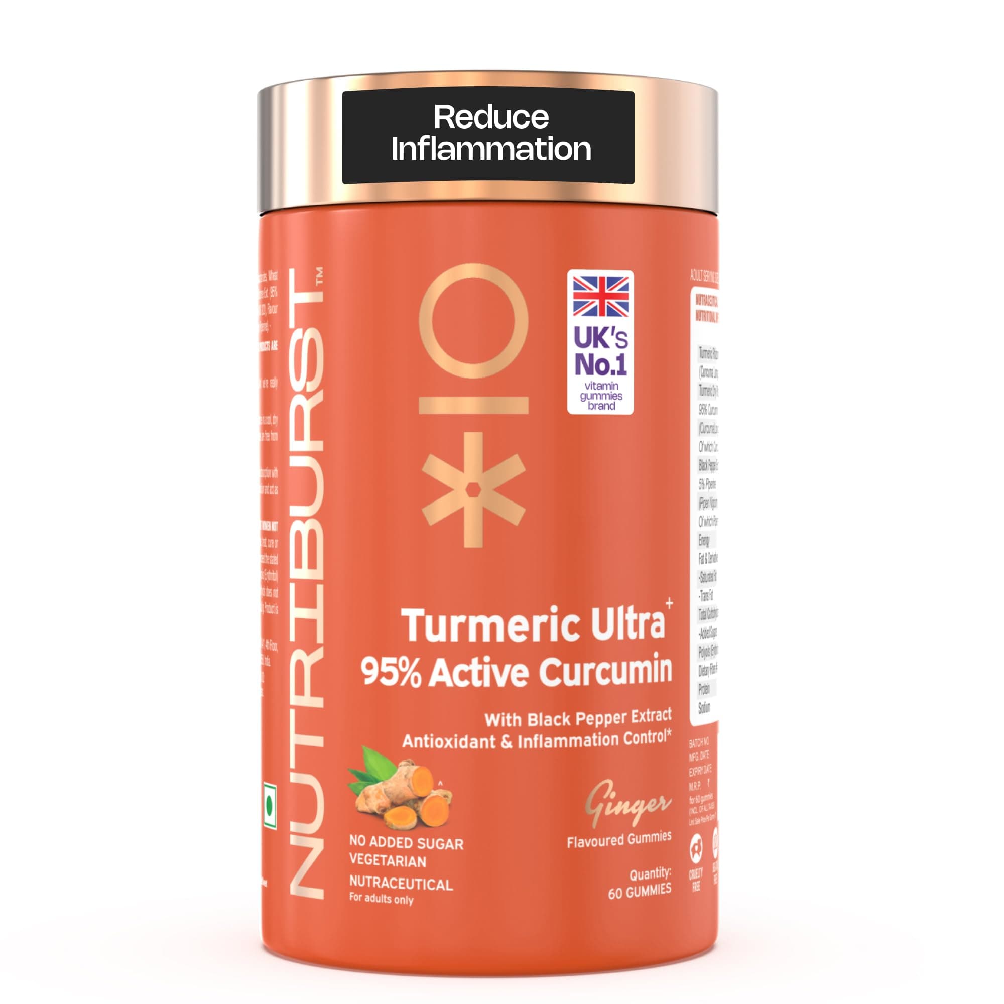 Turmeric Ultra Gummies with 95% Active Curcumin & Black Pepper Gummies | Anti-inflammatory & Antioxidant | No-Added Sugar | Ginger Flavor | 100% Vegetarian | 60 Gummy