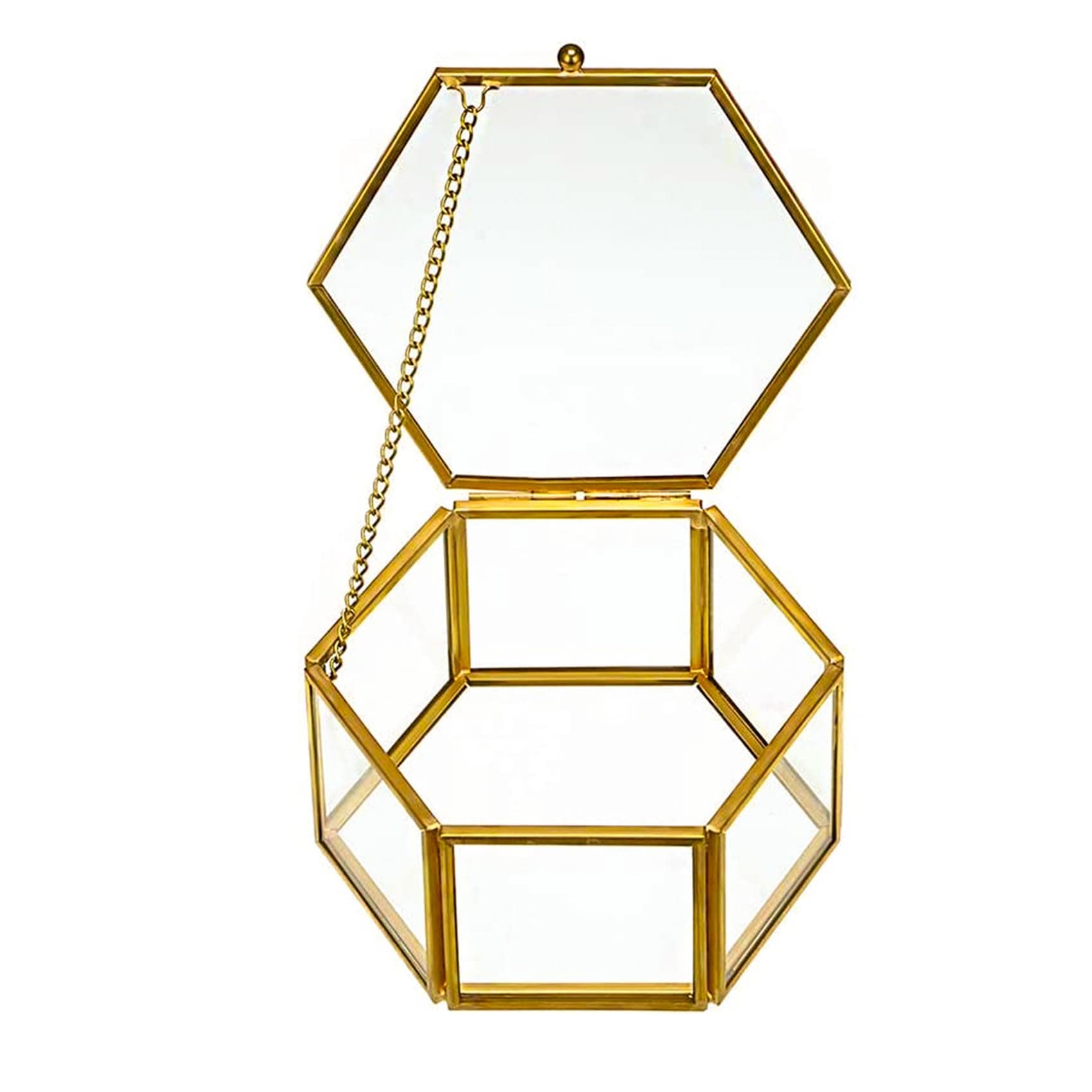 DRERIO Glass Jewelry Box - Small Decorative Display Case, Hexagon Ring Holder, Golden Trinket Storage Organizer for Earrings