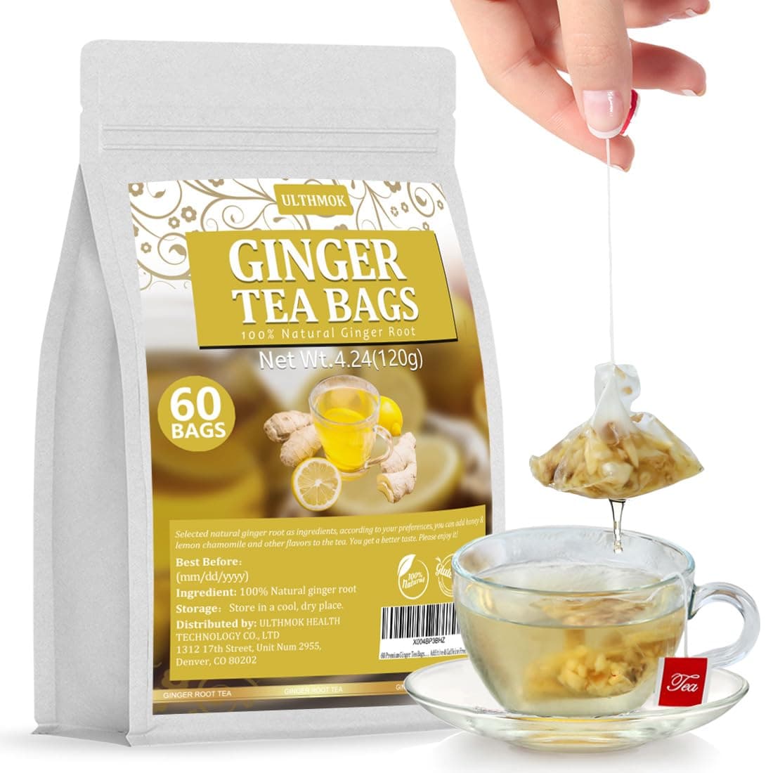 ULTHMOK Ginger Tea Teabags, 60 Premium Bags, 100% Natural Ginger Root, No Additives, Caffeine Free, Supports Digestion & Boosts Immunity