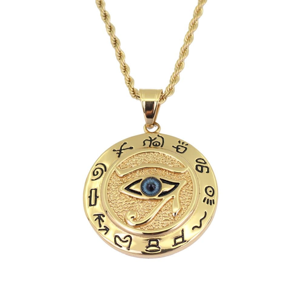Large Eye of Horus Mythical Pendant in Stainless Steel Layered in Rich 14k Gold With an 24" Gold Plated Stainless Steel Chain
