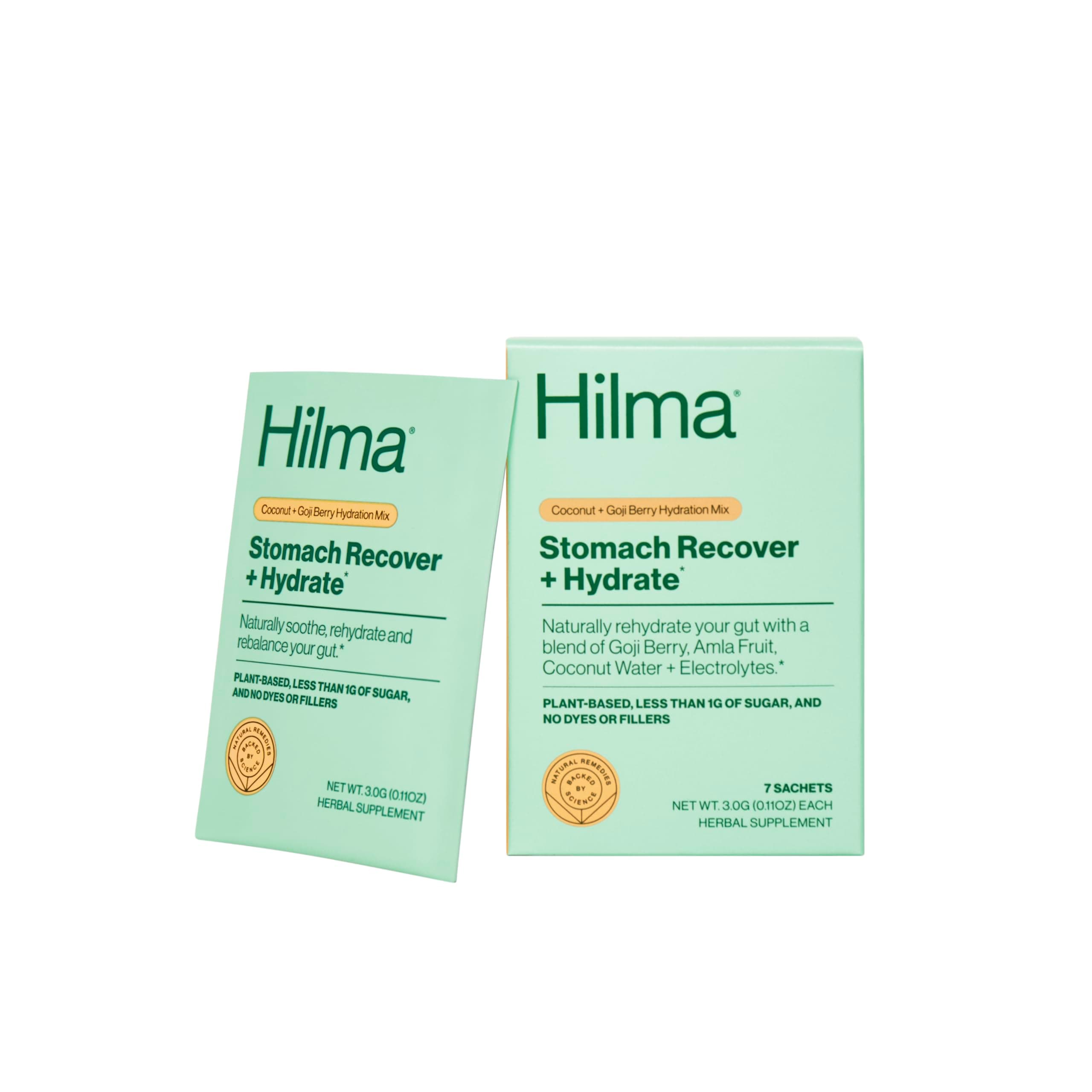 Hilma Stomach Recover and Hydrate, Organic Electrolytes Powder for Hydration w/Prebiotics and Gastroprotective Herbs, Rebalance Gut w/Goji Berry and Coconut Water, Doctor-Formulated, 7 Vegan Sachets