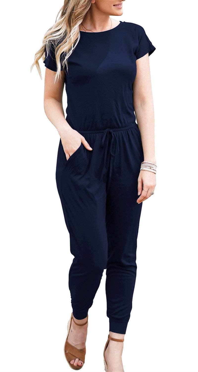 DouBCQWomens Casual Short Sleeve Jumpsuits Elastic Waist Jumpsuit with Pockets