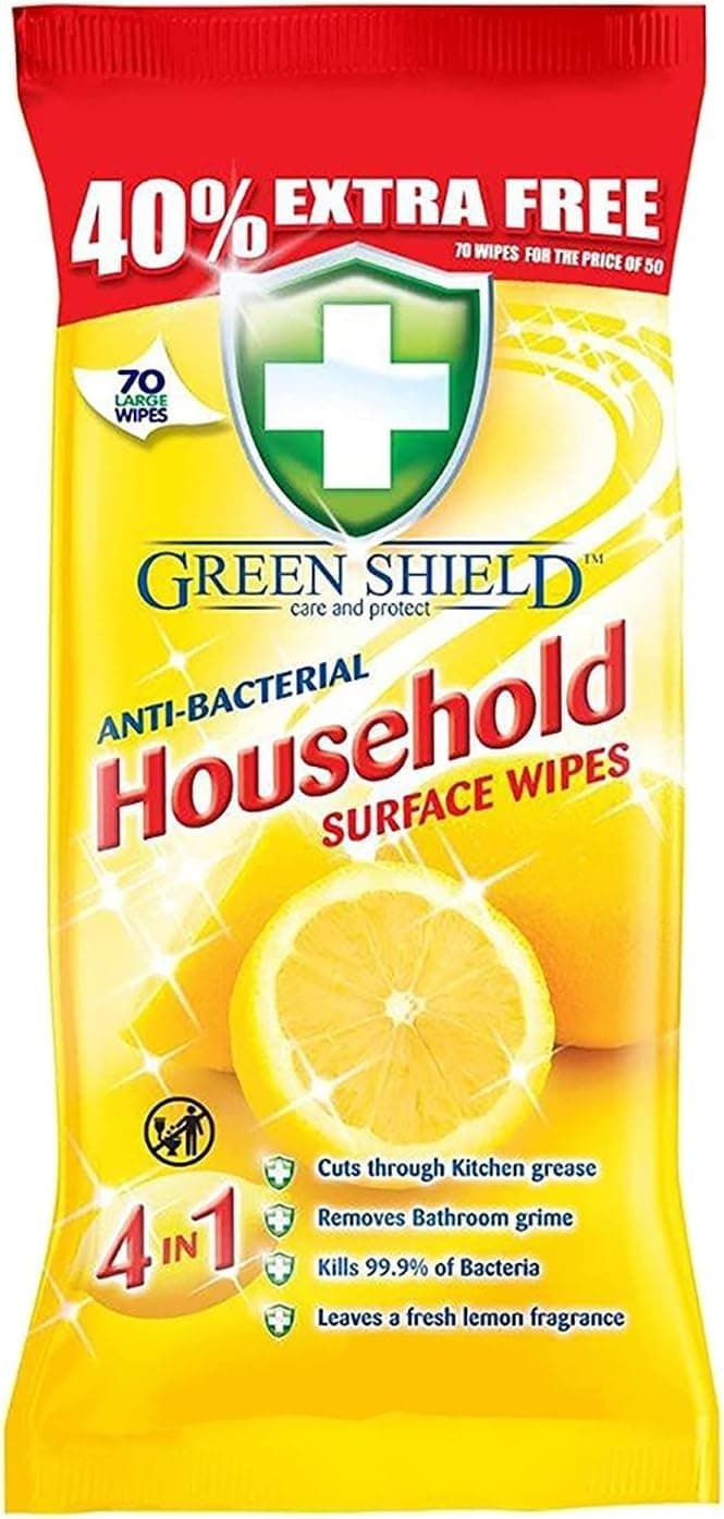 Greenshield Large Antibacterial Household Surface Cleaning Wipes Lemon 70 Count