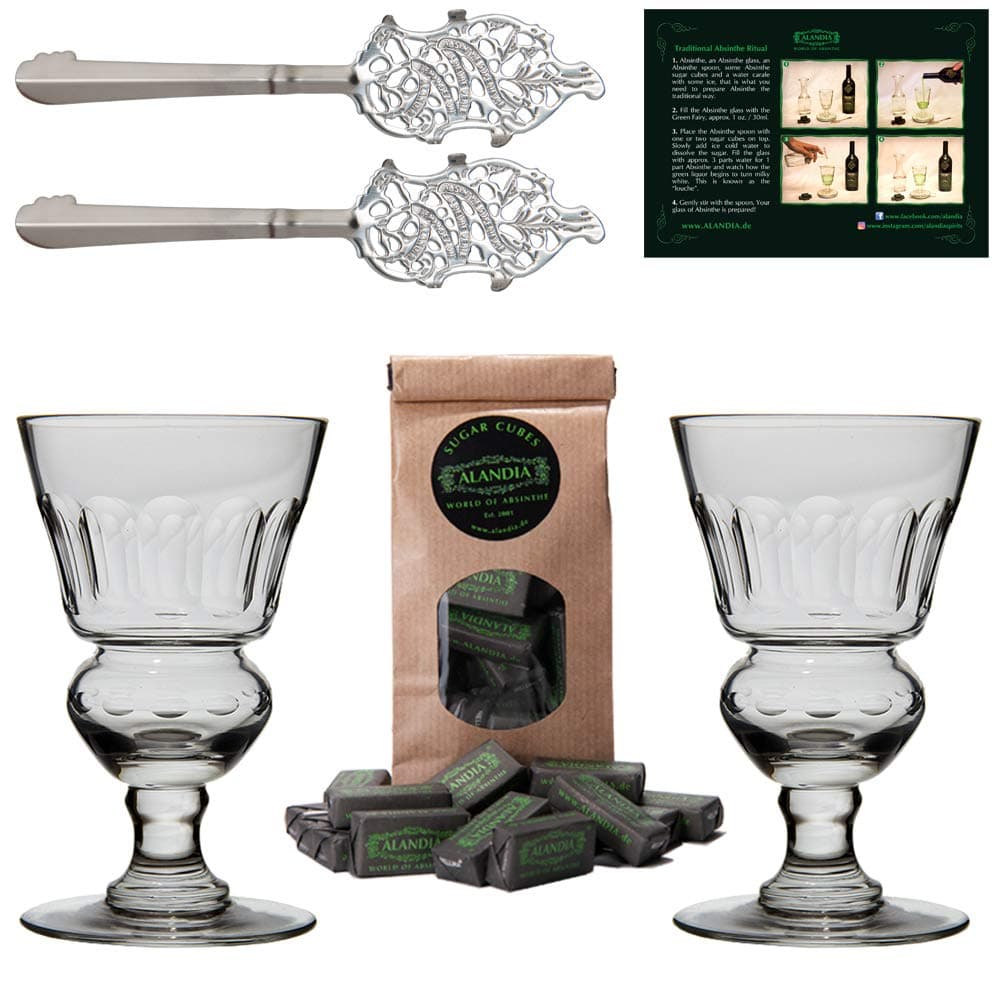 ALANDIA Absinthe Accessory Set Pontarlier Premium | 2 x Handmade Glasses with Reservoir | 2 x Stainless Steel Spoons | 1 x Sugar