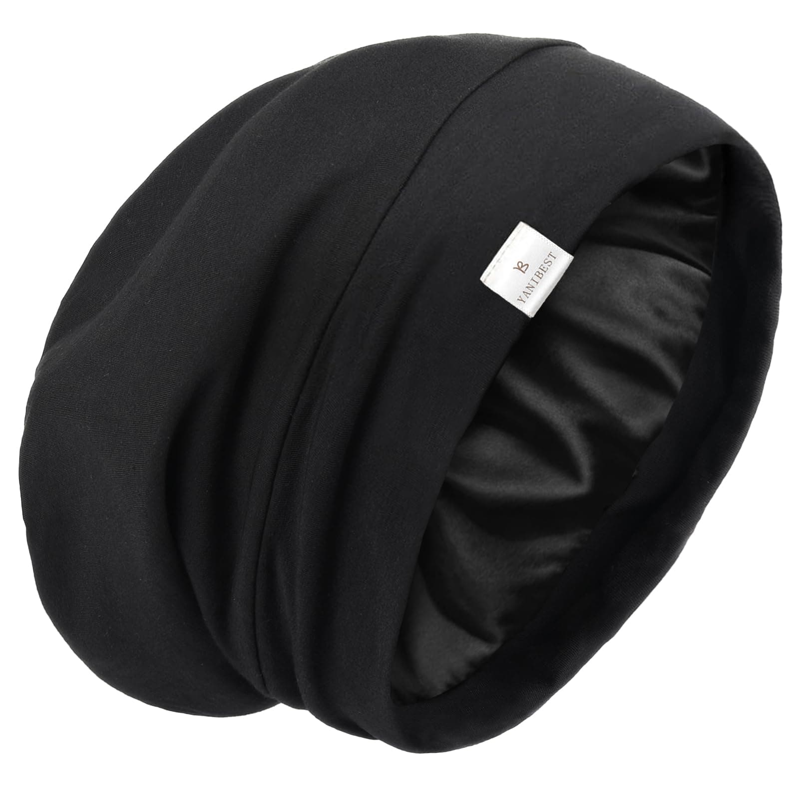 YANIBEST Slouchy Beanie Hat Satin Lined Sleep Cap Satin Bonnet Chemo Headwear Caps for Women and Men Pure Black